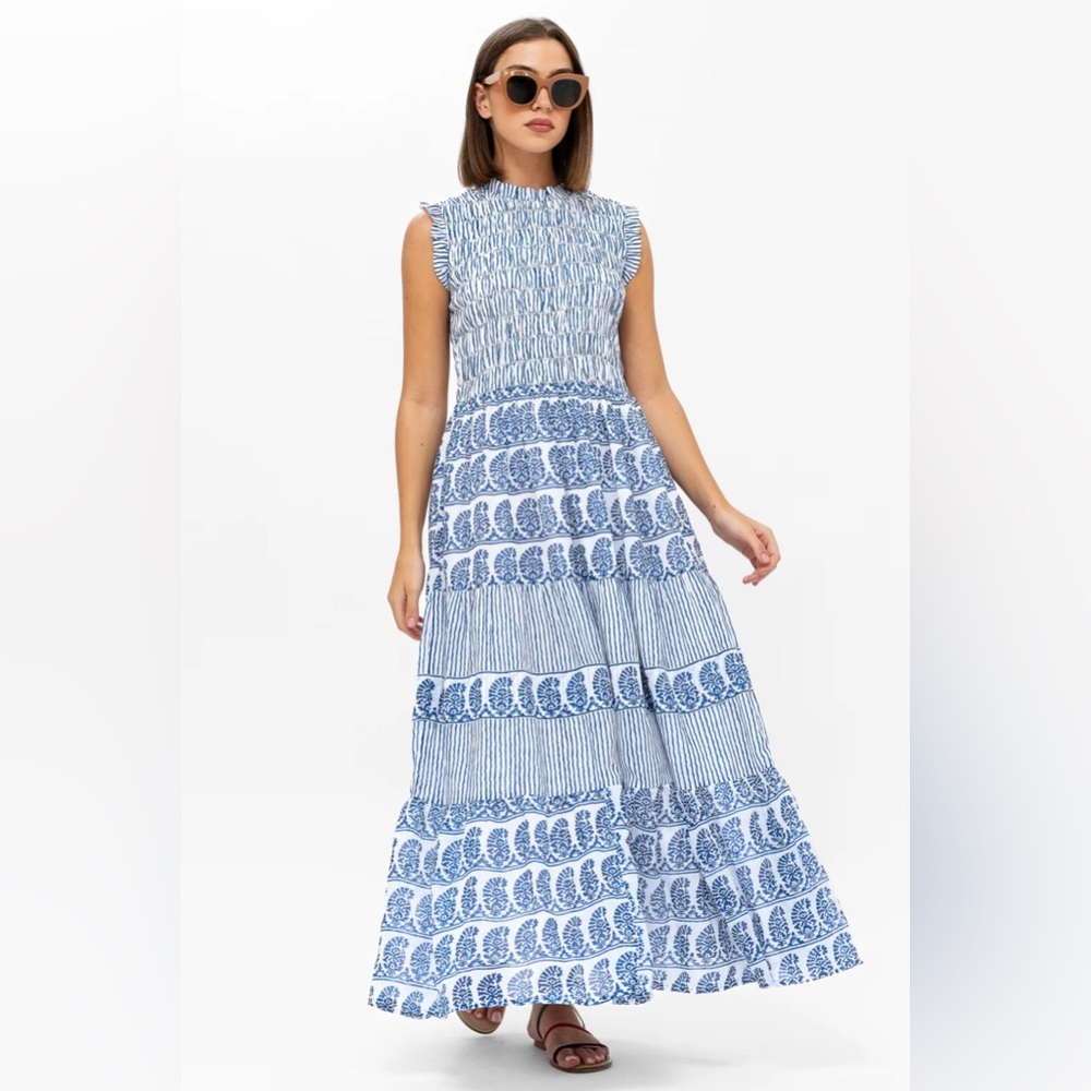 ⭐️Oliphant Sleeveless Smocked Maxi Dress in Santorini Blue Sz M⭐️
